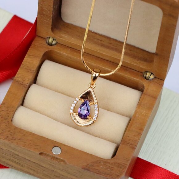 "Teardrop Purple Pendant with Dazzling Accents in Gold Finish, XPPT1690 - Picture 7 of 13